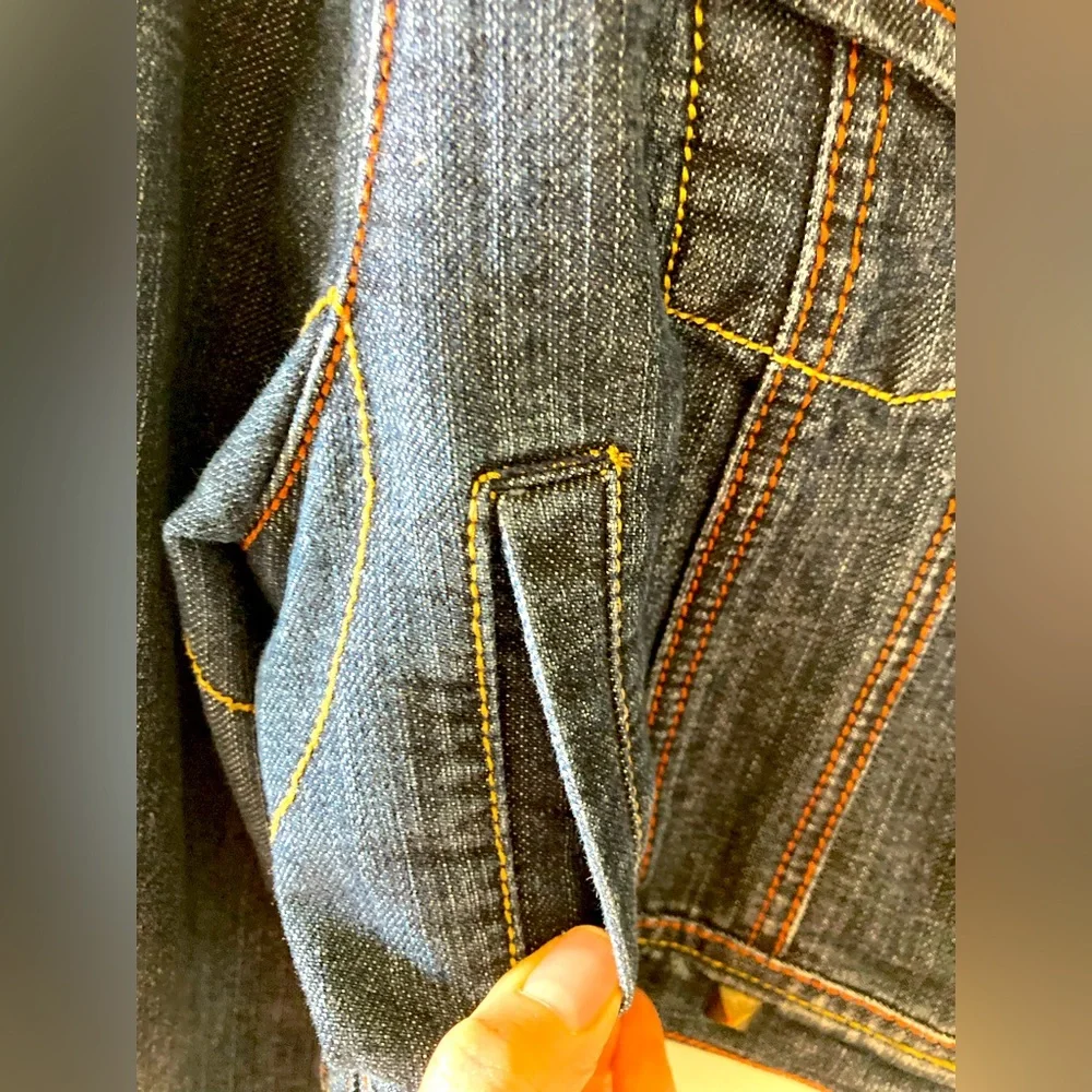 Cropped denim jacket w/ small edgy studs. Red & yellow stitching. Distressed - Picture 5 of 11